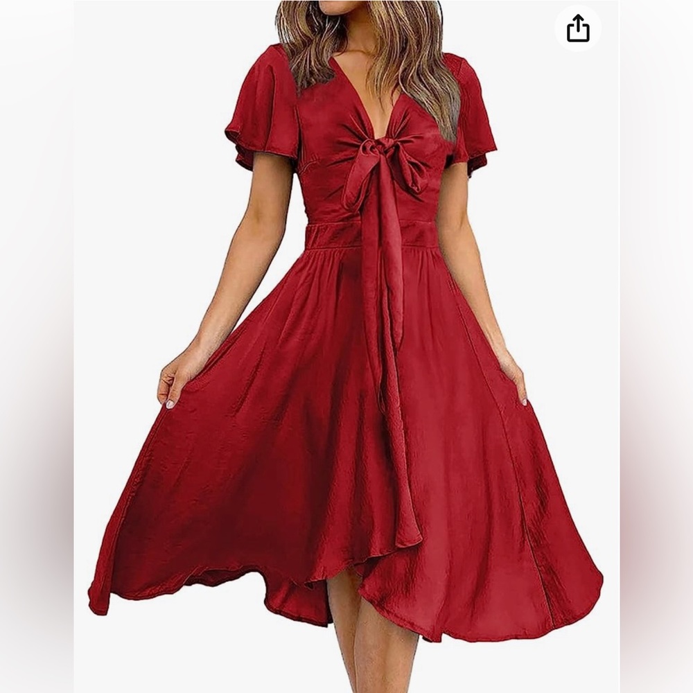 Satin Deep V Tie Front Flowy Midi Cocktail Dress, NEW w TAGS, size S